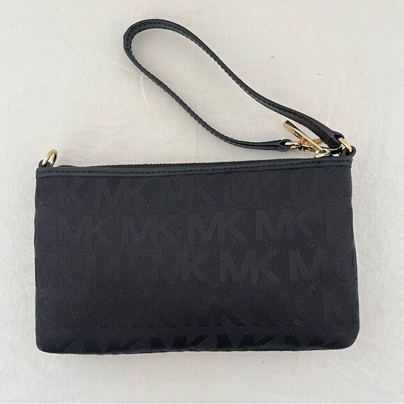 Set of 2 MK Michael Kors Jet Set Signature Logo Wristlet Mini Bag Black Taupe - Picture 3 of 9